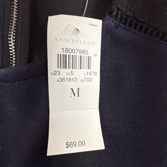 Ann Taylor Shirt Womens Medium Navy Black Lace Shoulder Short Sleeve Zip Back - Picture 4 of 11